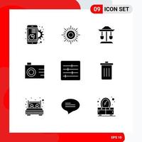 9 Thematic Vector Solid Glyphs and Editable Symbols of options control drum photo camera Editable Vector Design Elements