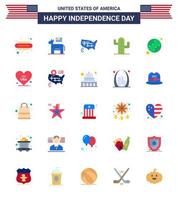 Happy Independence Day 4th July Set of 25 Flats American Pictograph of baseball american map plent cactus Editable USA Day Vector Design Elements