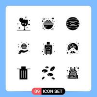 Pack of 9 Modern Solid Glyphs Signs and Symbols for Web Print Media such as bag neuro care breakfast help space Editable Vector Design Elements