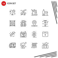 Pictogram Set of 16 Simple Outlines of cube historic cake church building Editable Vector Design Elements