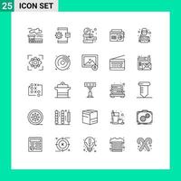 User Interface Pack of 25 Basic Lines of female engineer media books audio radio Editable Vector Design Elements