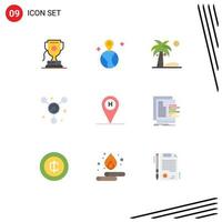 Pack of 9 Modern Flat Colors Signs and Symbols for Web Print Media such as location beach house coconut beach molecule Editable Vector Design Elements