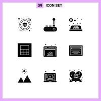 Mobile Interface Solid Glyph Set of 9 Pictograms of education internet sign graph wireframe Editable Vector Design Elements