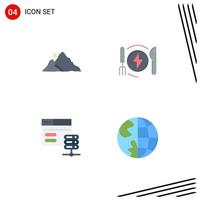 Pack of 4 creative Flat Icons of mountain database nature energy server Editable Vector Design Elements