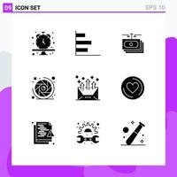 Group of 9 Solid Glyphs Signs and Symbols for address camera shutter dollar camera lens report Editable Vector Design Elements