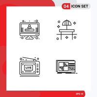 Mobile Interface Line Set of 4 Pictograms of account live beach sunshade video Editable Vector Design Elements