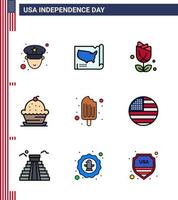 feliz día de la independencia 9 líneas llenas planas paquete de iconos para web e impresión crema acción de gracias imerican postre dulce elementos de diseño vectorial del día de estados unidos editables vector