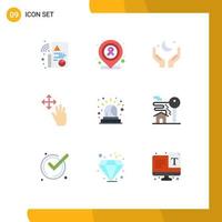 9 User Interface Flat Color Pack of modern Signs and Symbols of siren alarm moon hold finger Editable Vector Design Elements