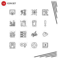 Pack of 16 Modern Outlines Signs and Symbols for Web Print Media such as investment configuration flower setting mobile Editable Vector Design Elements
