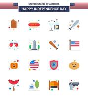 Group of 16 Flats Set for Independence day of United States of America such as wine hardball drink bat glass Editable USA Day Vector Design Elements