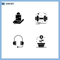 Conjunto de 4 glifos sólidos universales para aplicaciones web y móviles bolsa de auriculares tienda gimnasio soporte elementos de diseño vectorial editables vector