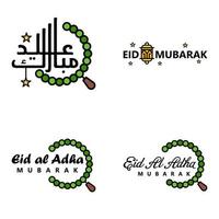 4 saludos modernos de eid fitr escritos en texto decorativo de caligrafía árabe para tarjetas de felicitación y deseando el feliz eid en esta ocasión religiosa vector