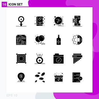 conjunto de 16 paquetes de glifos sólidos comerciales para codificación móvil aplicación de libro médico elementos de diseño vectorial editables de oficina vector