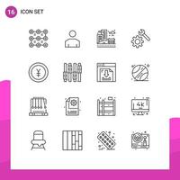 Pack of 16 Modern Outlines Signs and Symbols for Web Print Media such as money currency city gear setting Editable Vector Design Elements