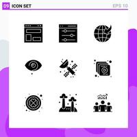 Group of 9 Solid Glyphs Signs and Symbols for space knowledge user eye curious Editable Vector Design Elements