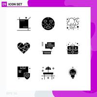 Universal Icon Symbols Group of 9 Modern Solid Glyphs of gift like mask love rain Editable Vector Design Elements