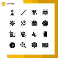 Group of 16 Modern Solid Glyphs Set for global money sound donation valentines Editable Vector Design Elements