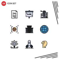 Pack of 9 creative Filledline Flat Colors of building lens laboratory aperture office Editable Vector Design Elements