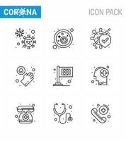 Corona virus disease 9 Line icon pack suck as medical assistance bacteria washing hands viral coronavirus 2019nov disease Vector Design Elements