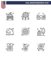 Happy Independence Day USA Pack of 9 Creative Lines of police eagle western bird usa Editable USA Day Vector Design Elements