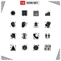 Mobile Interface Solid Glyph Set of 16 Pictograms of magnifying glass analysis secure report chart Editable Vector Design Elements