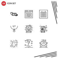 Pack of 9 creative Outlines of marriage amulet secure wireframe calendar Editable Vector Design Elements