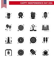 Pack of 16 USA Independence Day Celebration Solid Glyphs Signs and 4th July Symbols such as day balloons alcohol ice cream cream Editable USA Day Vector Design Elements