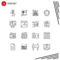 Universal Icon Symbols Group of 16 Modern Outlines of display computer building tick protection Editable Vector Design Elements