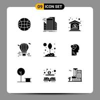 Mobile Interface Solid Glyph Set of 9 Pictograms of agriculture airballoon bank hot balloon Editable Vector Design Elements