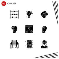 Set of 9 Commercial Solid Glyphs pack for browser mind power knowledge head Editable Vector Design Elements