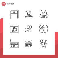 Set of 9 Commercial Outlines pack for globe design light web present Editable Vector Design Elements