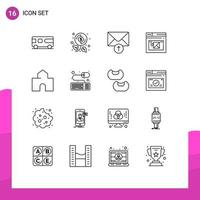 Mobile Interface Outline Set of 16 Pictograms of fortress architecture mail website page Editable Vector Design Elements