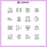 Group of 16 Modern Outlines Set for exercise tea break coffee relax Editable Vector Design Elements