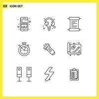 Group of 9 Outlines Signs and Symbols for light data scince bulb clock measure Editable Vector Design Elements