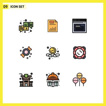 paquete de 9 signos y símbolos de colores planos de línea de relleno modernos para medios de impresión web, como elementos de diseño vectorial editables de la página web del gráfico de bombones de dulces vector