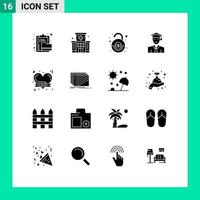 Modern Set of 16 Solid Glyphs Pictograph of badge graduate building education security Editable Vector Design Elements