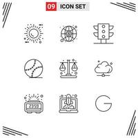 Group of 9 Outlines Signs and Symbols for time business light baseball gentleman Editable Vector Design Elements