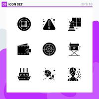 9 Universal Solid Glyph Signs Symbols of engine settings game gear purse Editable Vector Design Elements
