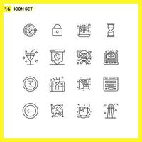 Universal Icon Symbols Group of 16 Modern Outlines of glass timer pan cake time clock Editable Vector Design Elements