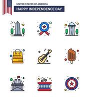 Set of 9 Modern Flat Filled Lines pack on USA Independence Day guiter packages police money space Editable USA Day Vector Design Elements