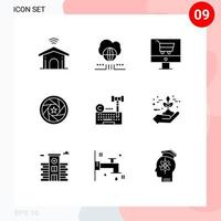 Mobile Interface Solid Glyph Set of 9 Pictograms of copyright movie cart logo aperture Editable Vector Design Elements