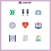 Modern Set of 9 Flat Colors and symbols such as human heart heart camera wall clock iftar Editable Vector Design Elements