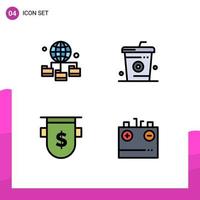 Modern Set of 4 Filledline Flat Colors Pictograph of globe badges folder drinks currency Editable Vector Design Elements