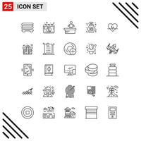 Stock Vector Icon Pack of 25 Line Signs and Symbols for pulse heart desk ecg night Editable Vector Design Elements