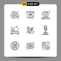 Group of 9 Modern Outlines Set for science fly relax cleaning bedroom Editable Vector Design Elements