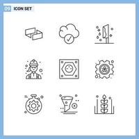 Group of 9 Modern Outlines Set for electric female halloween engineer construction Editable Vector Design Elements
