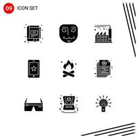 Group of 9 Modern Solid Glyphs Set for fire camp digital ireland phone Editable Vector Design Elements