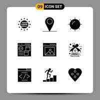 Mobile Interface Solid Glyph Set of 9 Pictograms of interface communication sun development coding Editable Vector Design Elements