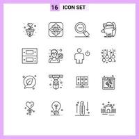 Mobile Interface Outline Set of 16 Pictograms of virtual reality less man zoom Editable Vector Design Elements