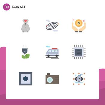 9 concepto de color plano para sitios web móviles y aplicaciones chip transporte dinero autobús enchufe elementos de diseño vectorial editables vector